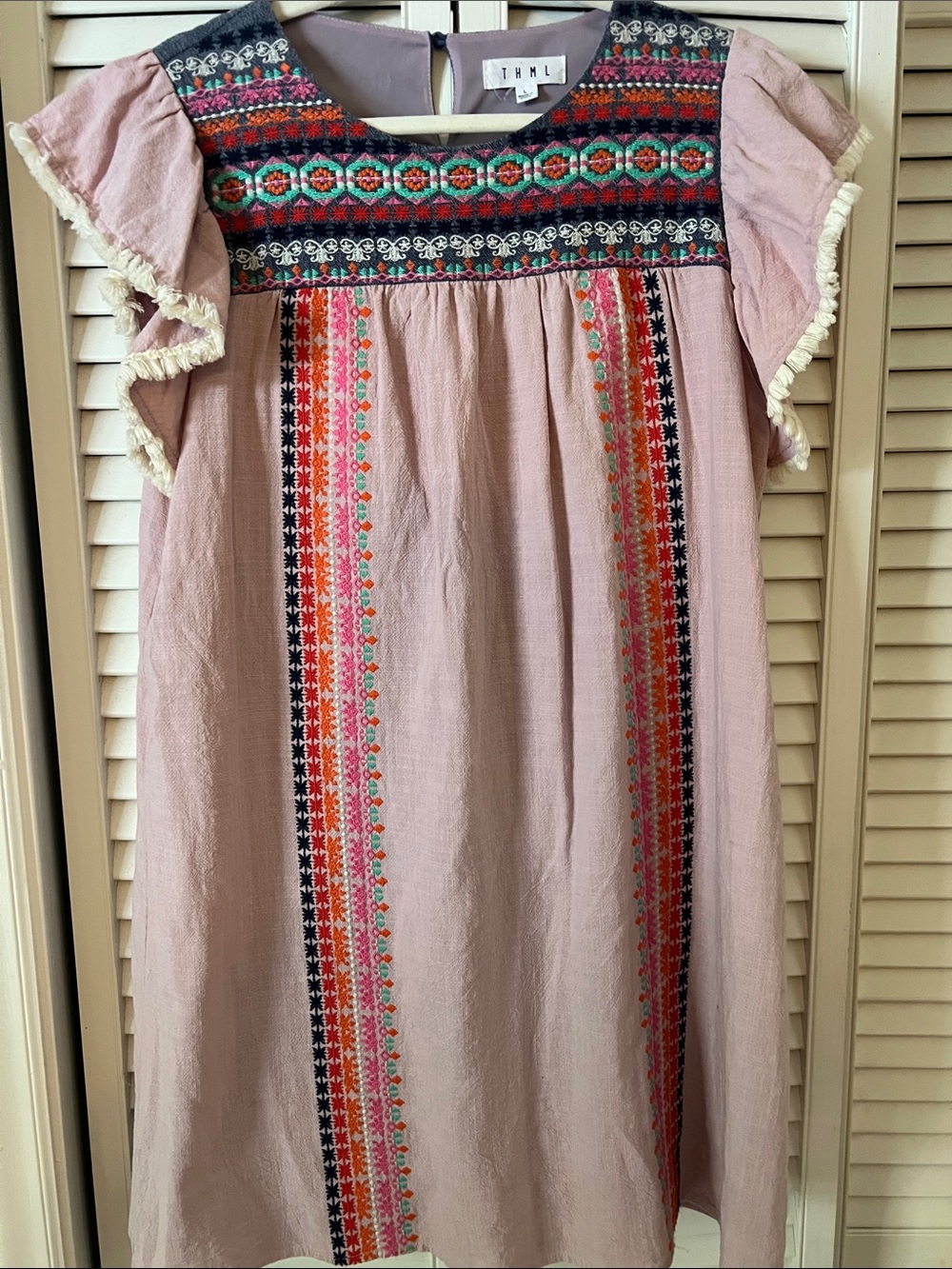 THML Blush Pink Embroidered Flutter-Sleeve Dress